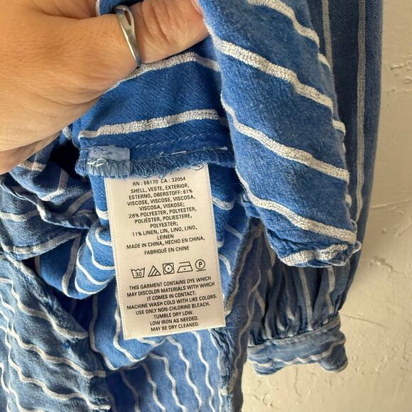 Anthropologie Size 8 Medium Blue Striped Viscose Linen Blend Button Up Long Slv - Picture 8 of 10